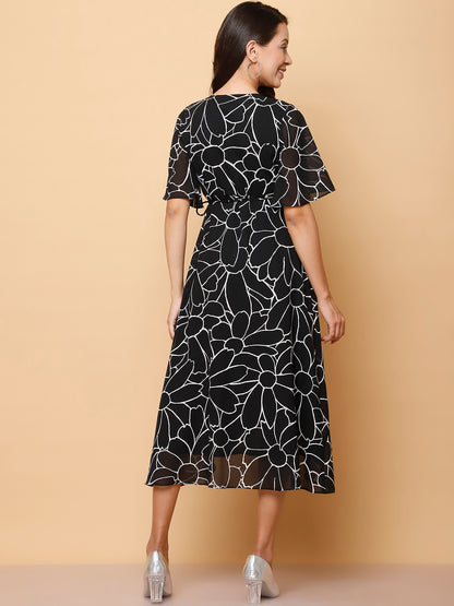 Black Floral Wrap Midi Dress with High-Low Hem