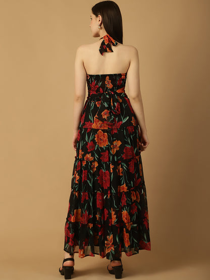Black Floral Print  Maxi Dress