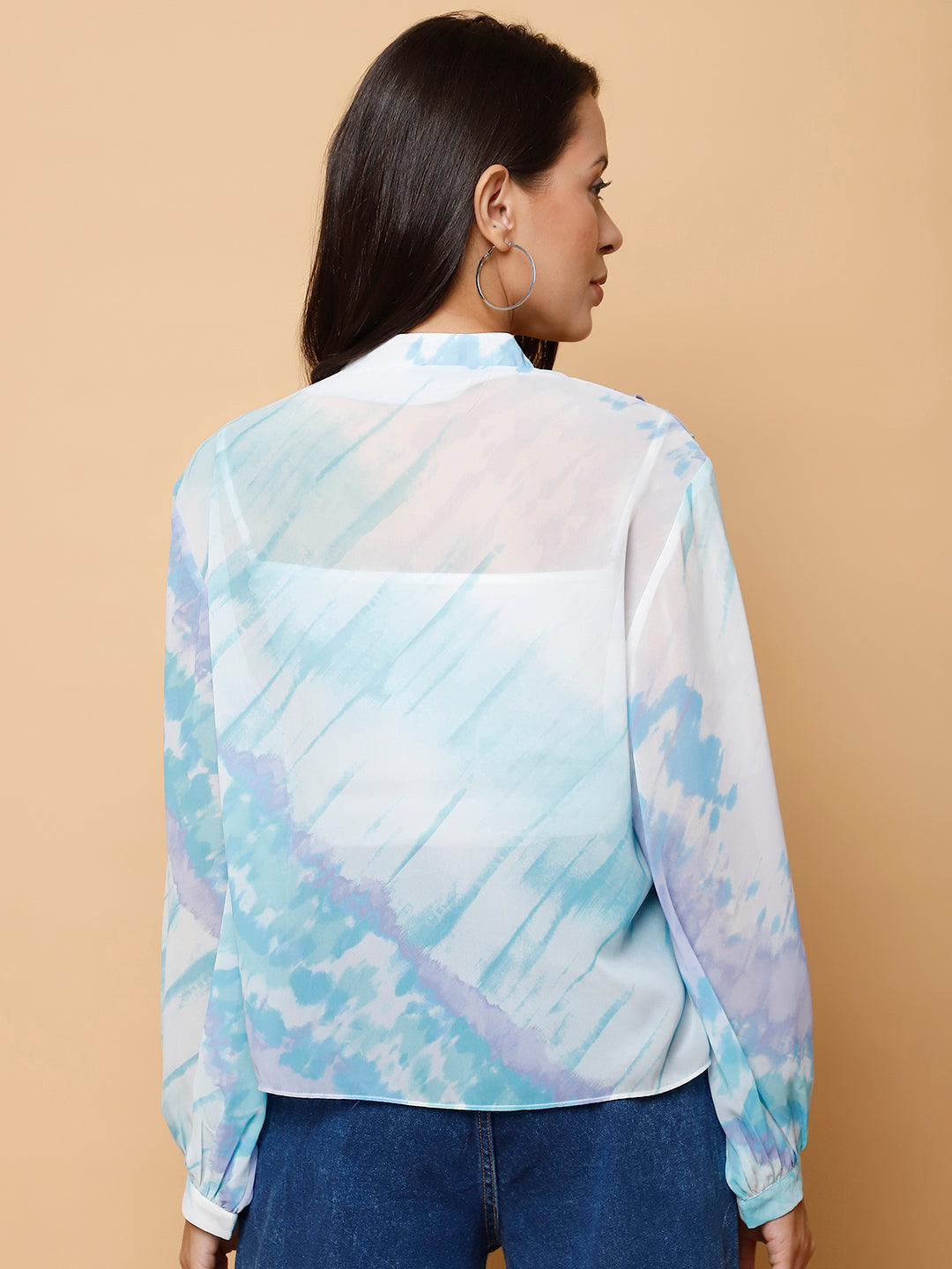 Women’s Blue & White Abstract Tie-Dye Printed Top