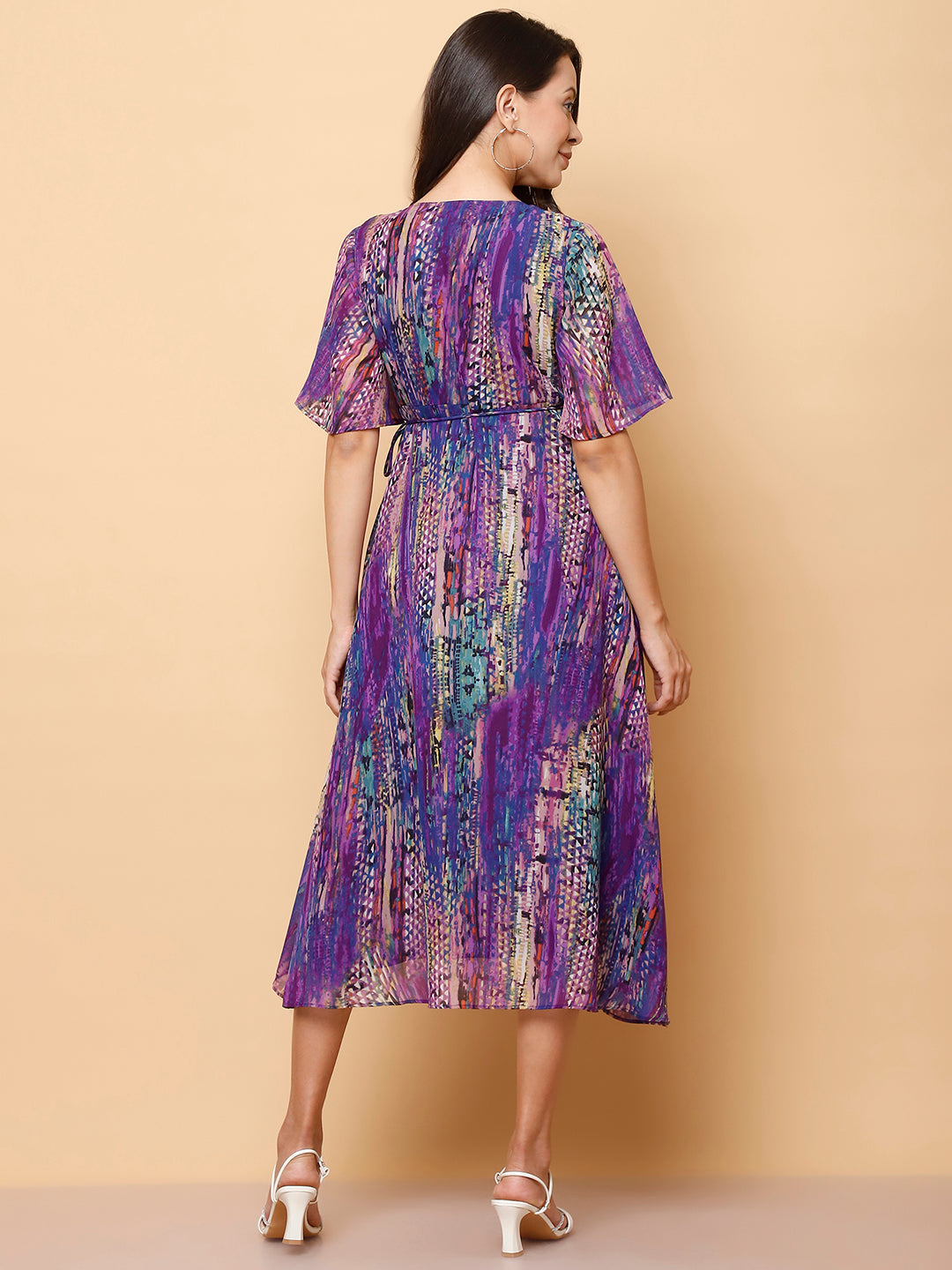 Purple Floral Wrap Midi Dress with High-Low Hem