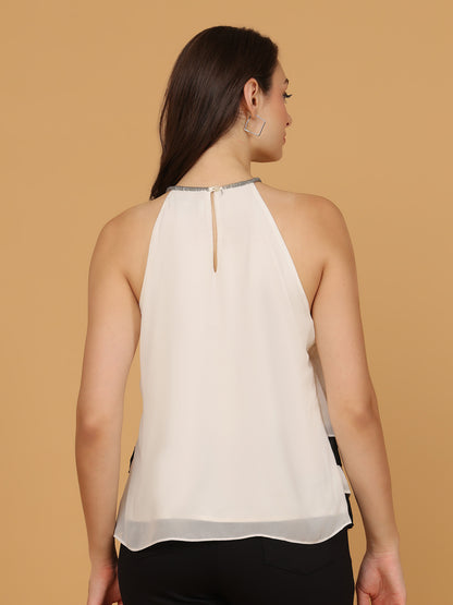 White Halter Neck Layered Chiffon Top