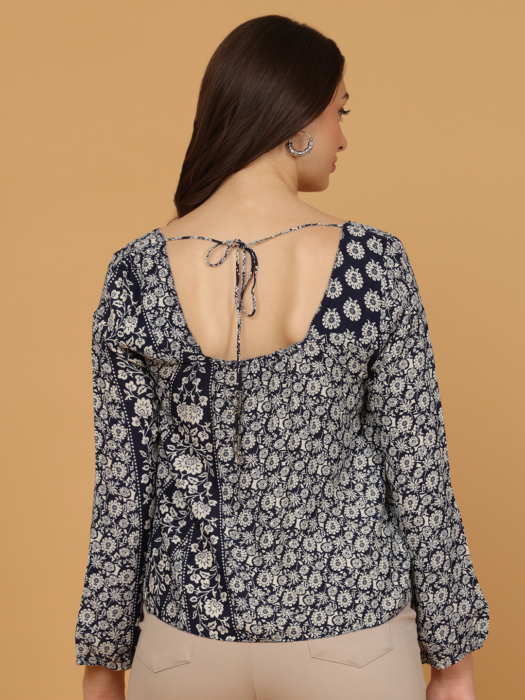 Floral Print Square Neck Top with Tie-Back Detail