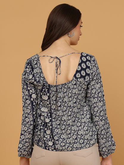 Floral Print Square Neck Top with Tie-Back Detail