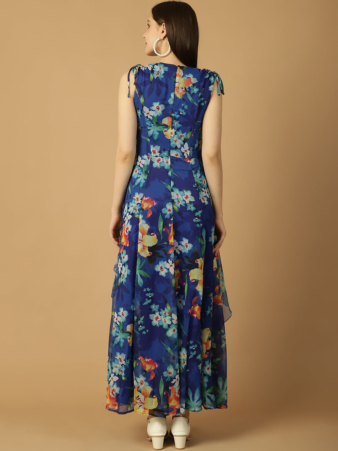 Blue Floral Print Frill Detail Maxi Dress