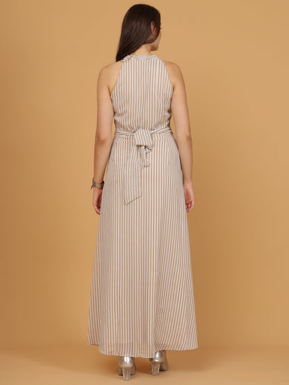 Beige & White Striped Wrap Maxi Dress