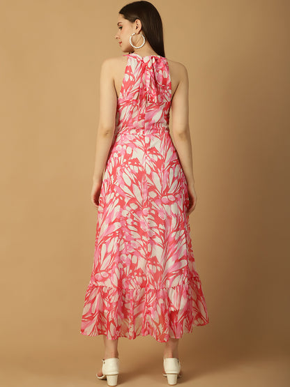 Pink Halter Neck Butterfly Print Dress