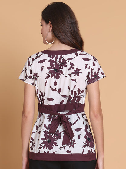 Women's Floral Printed V-Neck Cotton Top with Waist Tie