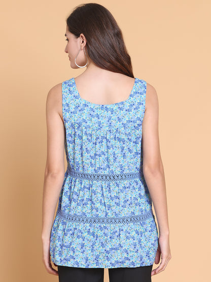 Blue Floral Sleeveless Tunic with Crochet Lace