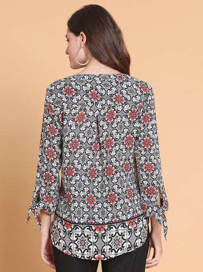 Floral  Geometric Print V-Neck Top with Ruffle Hem