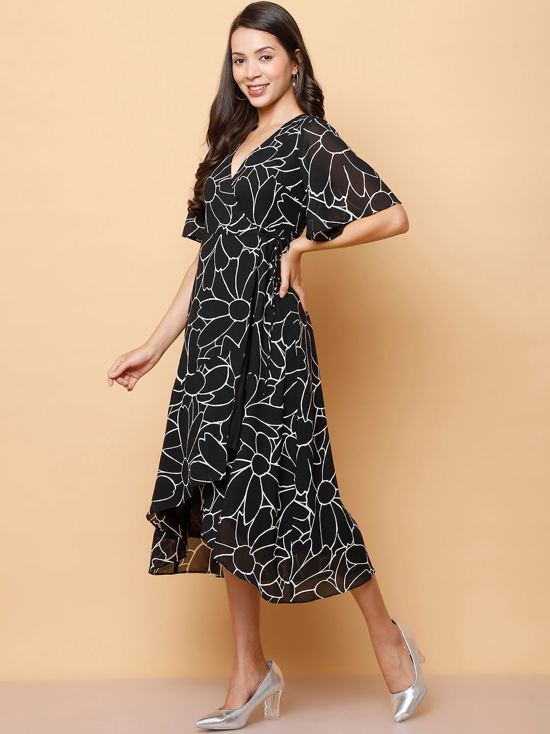 Black Floral Wrap Midi Dress with High-Low Hem