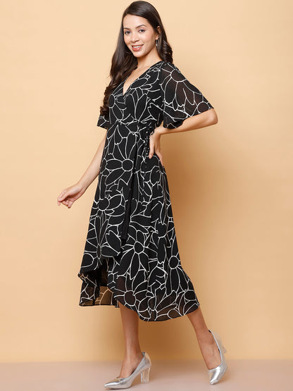 Black Floral Wrap Midi Dress with High-Low Hem