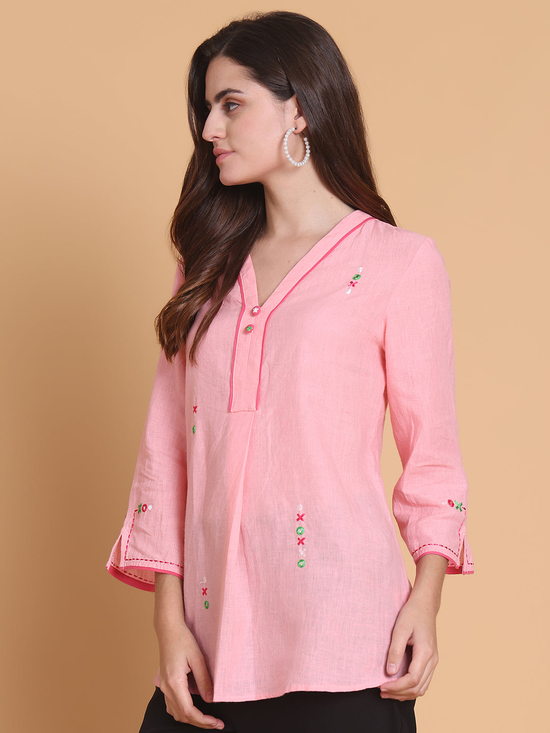 Womens Pastel Pink Cotton-Linen Tunic
