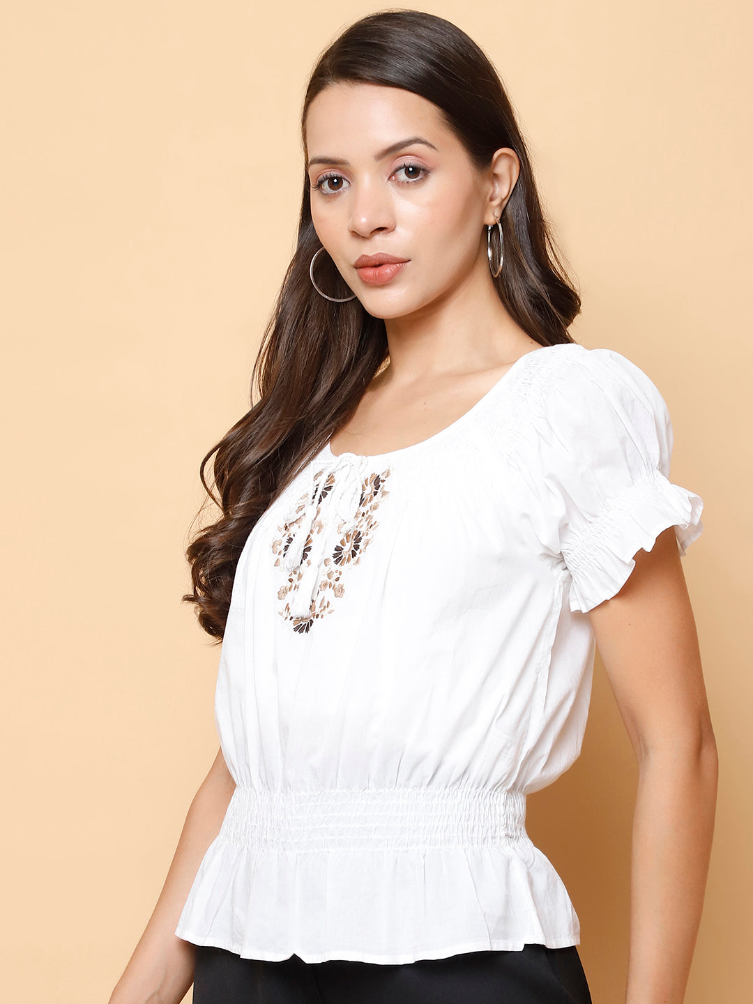 Elasticized Neck Smocked Waist Top
