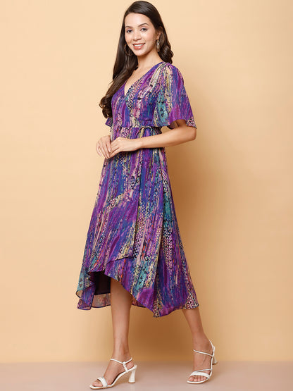 Purple Floral Wrap Midi Dress with High-Low Hem