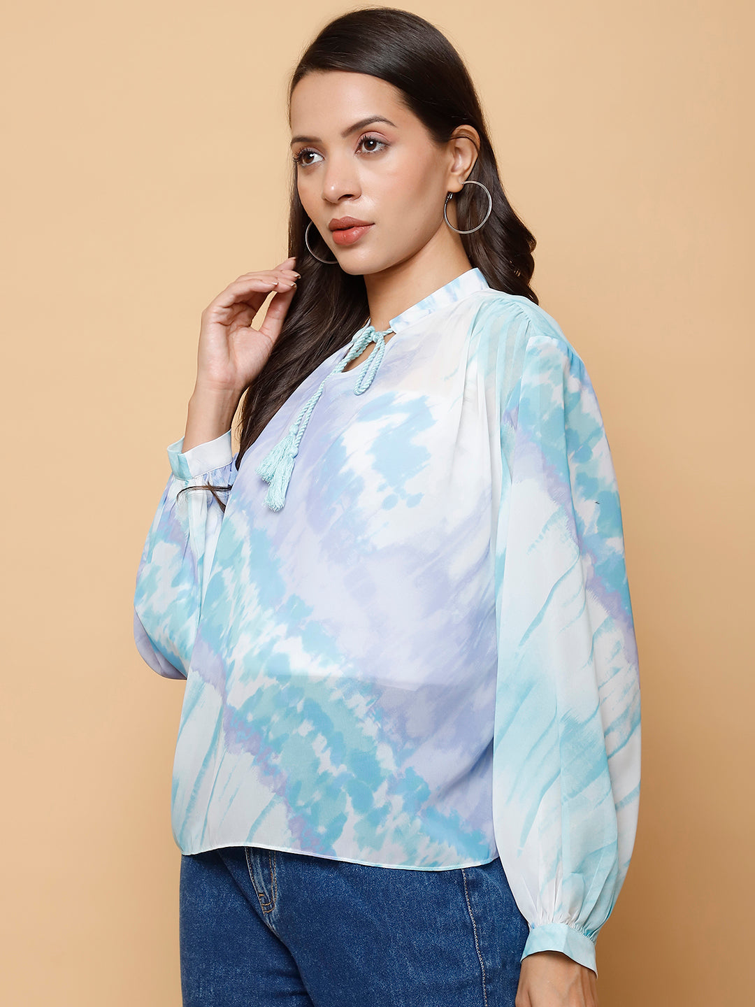 Women’s Blue & White Abstract Tie-Dye Printed Top