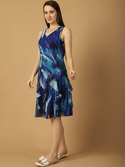 Abstract Print Frill Chiffon Dress