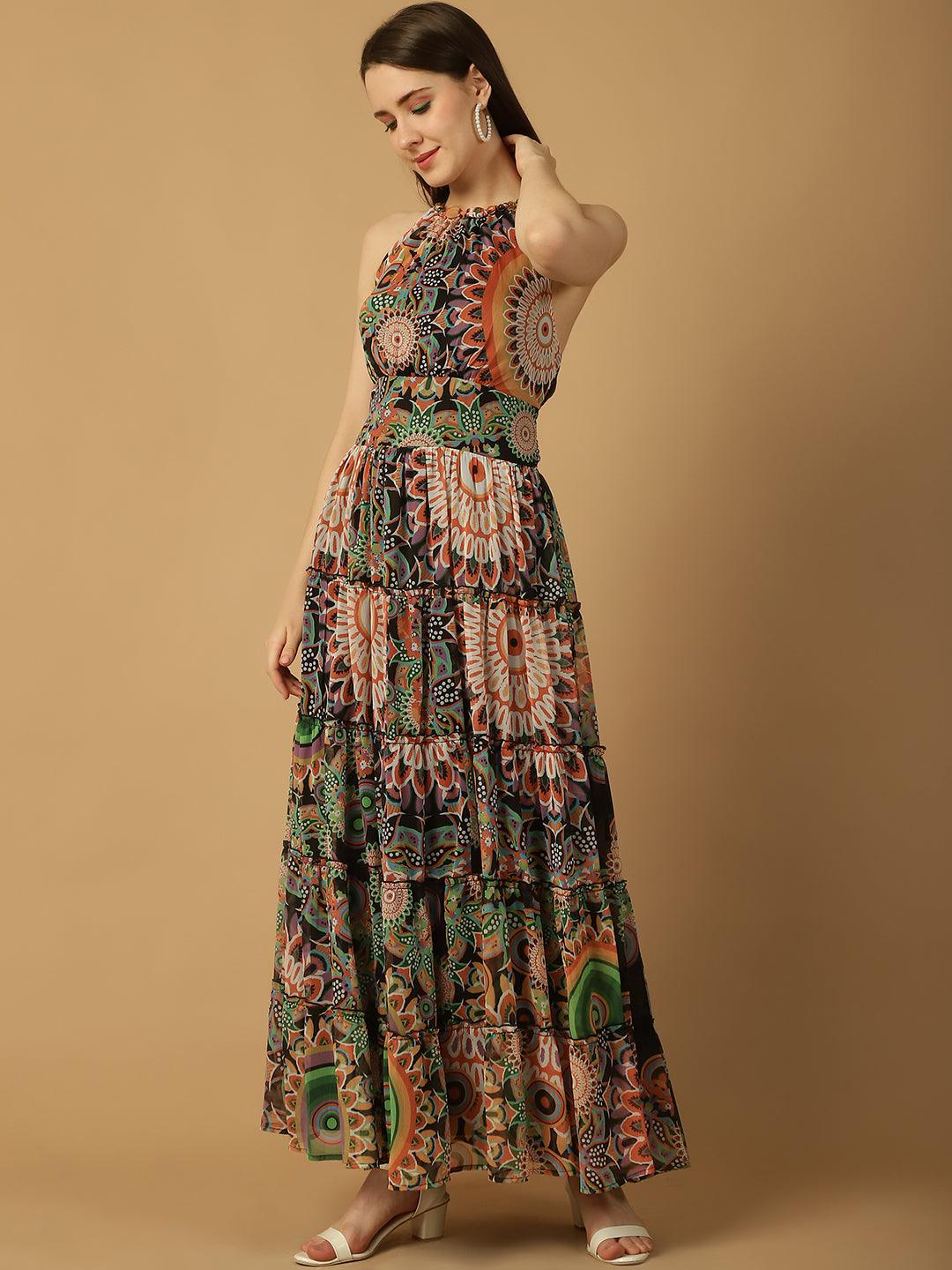 Abstract Print  Tiered Maxi Dress