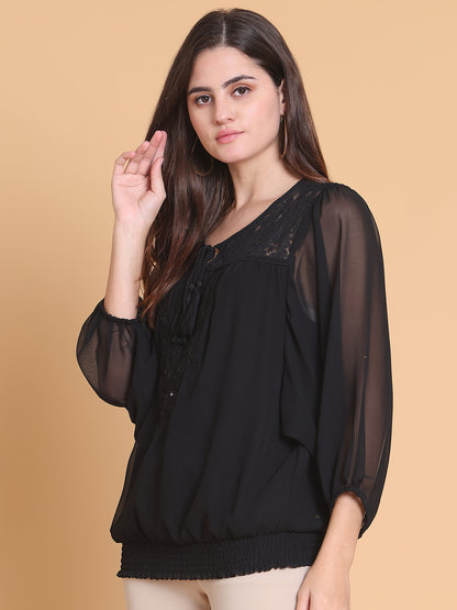 Women's Black Embroidered Boho Top
