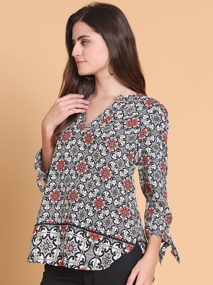 Floral  Geometric Print V-Neck Top with Ruffle Hem