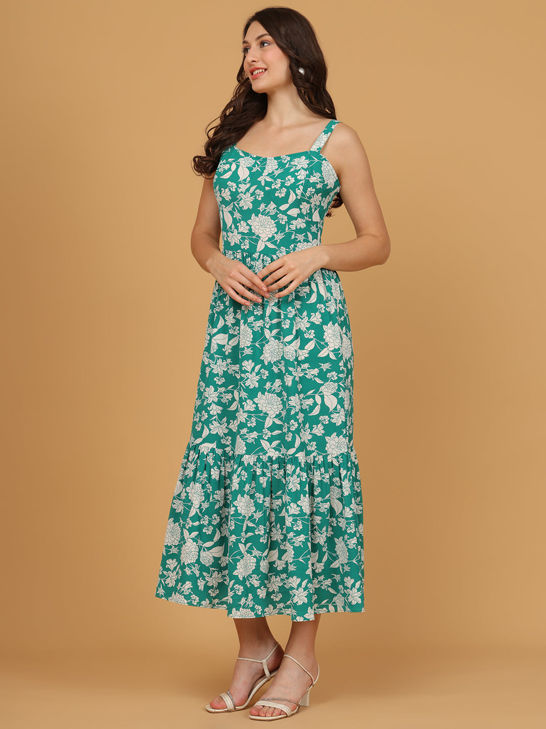 The Emerald Bloom Tiered Midi Dress
