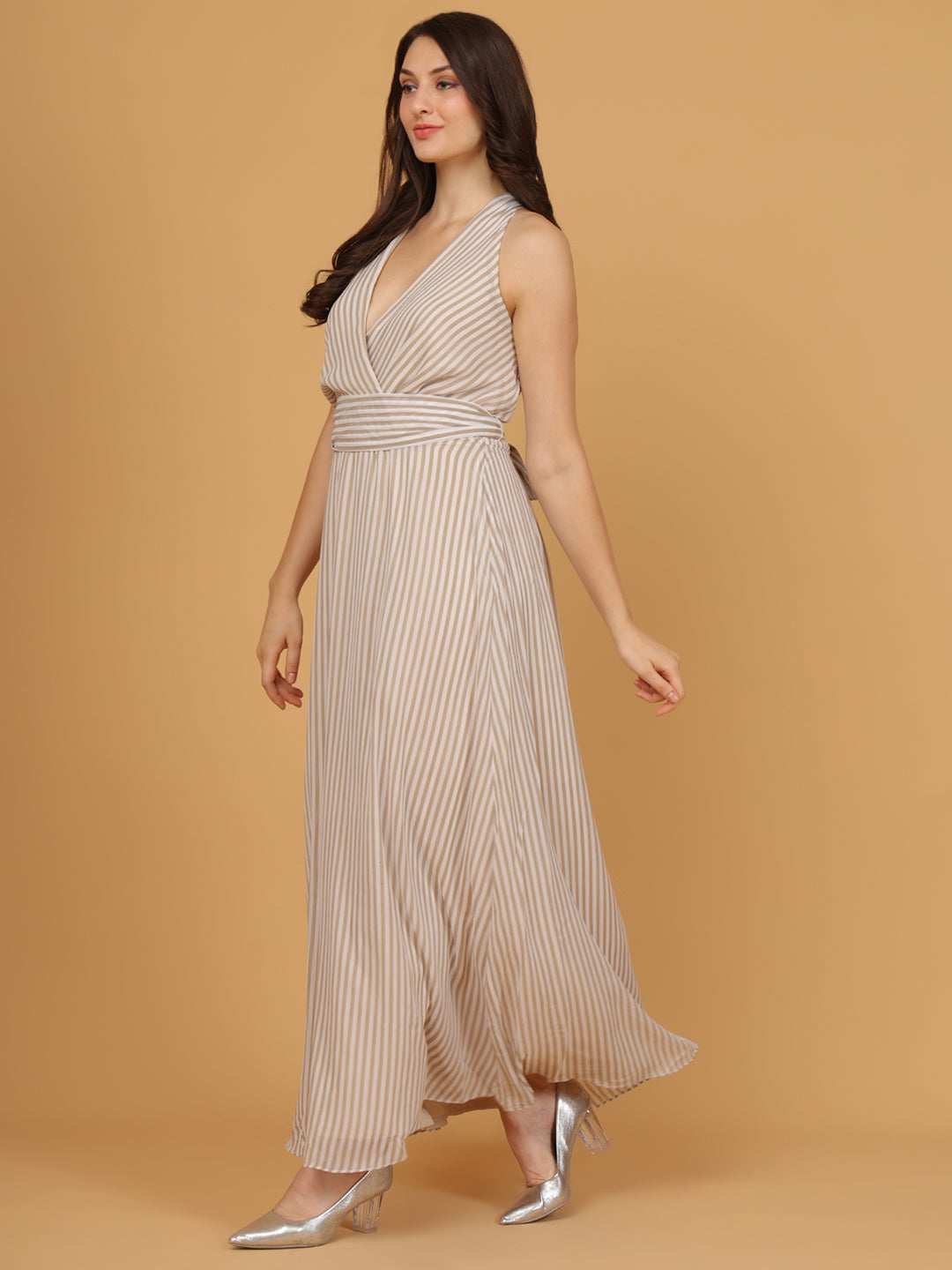 Beige & White Striped Wrap Maxi Dress