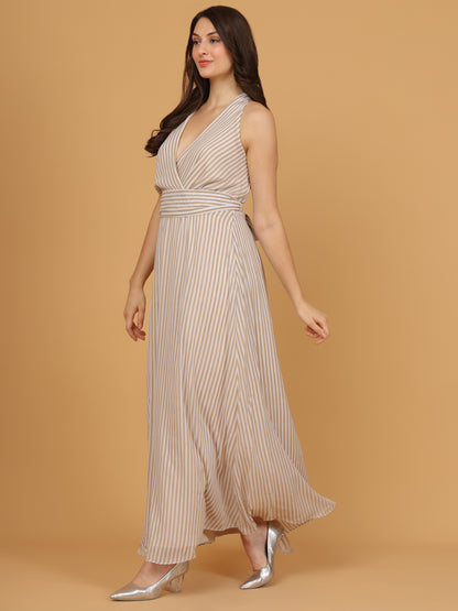 Beige & White Striped Wrap Maxi Dress
