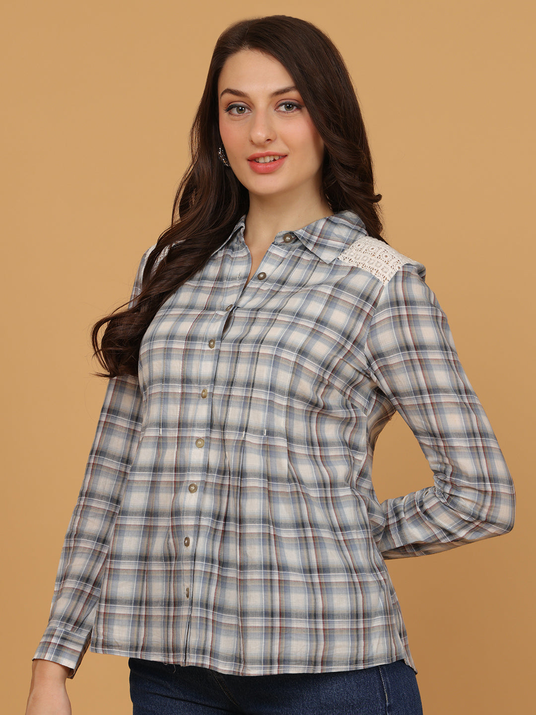 Tartan Checked Lace Cotton Casual Shirt