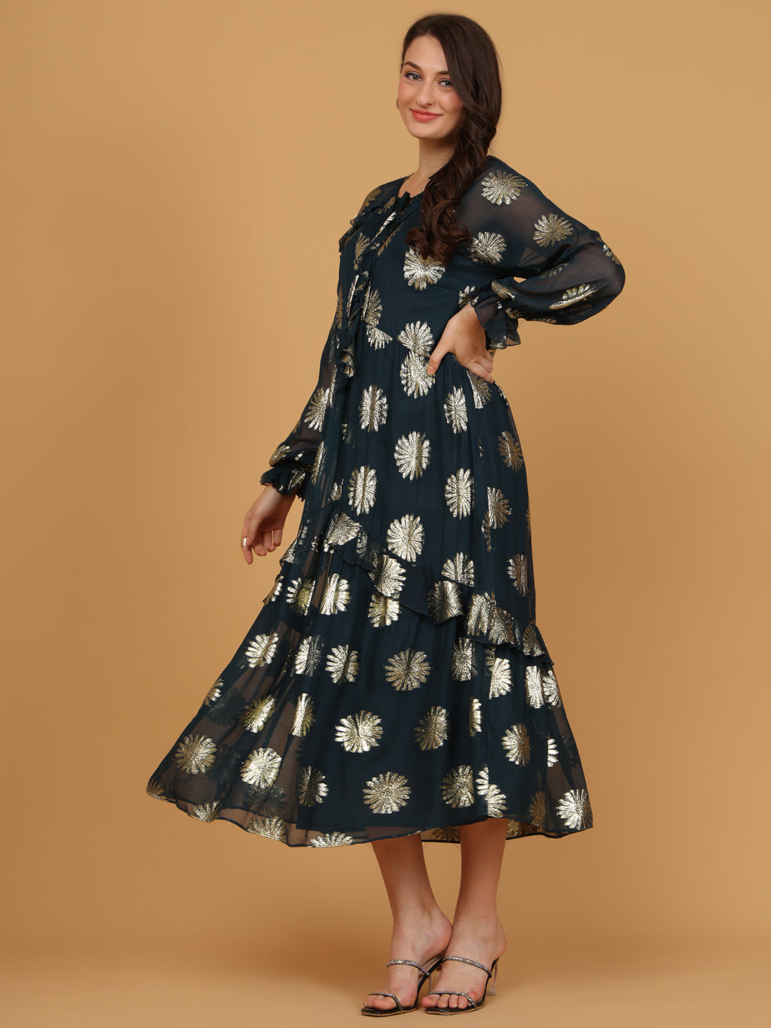 Floral Print Tie-Up Neck   Fit & Flare Midi Dress