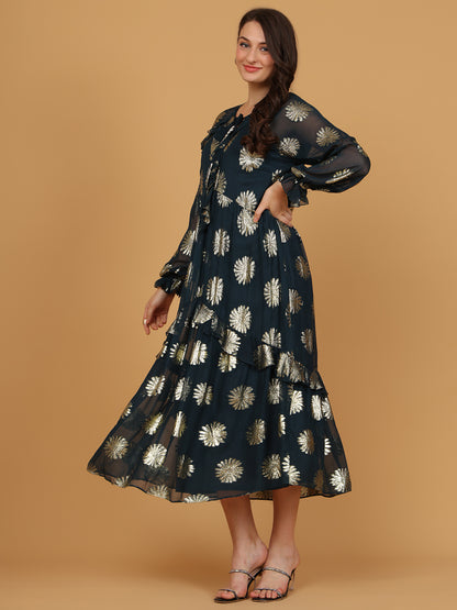 Floral Print Tie-Up Neck   Fit & Flare Midi Dress