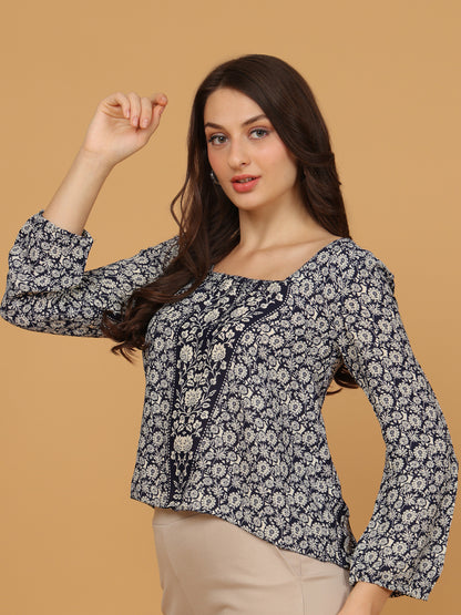 Floral Print Square Neck Top with Tie-Back Detail