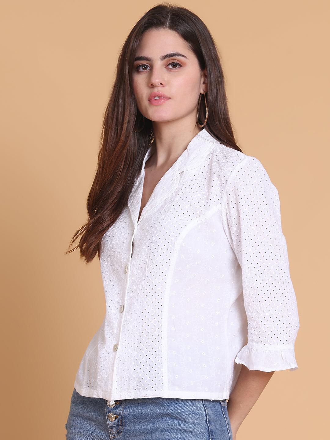 Women's White Cotton Eyelet Shirt
