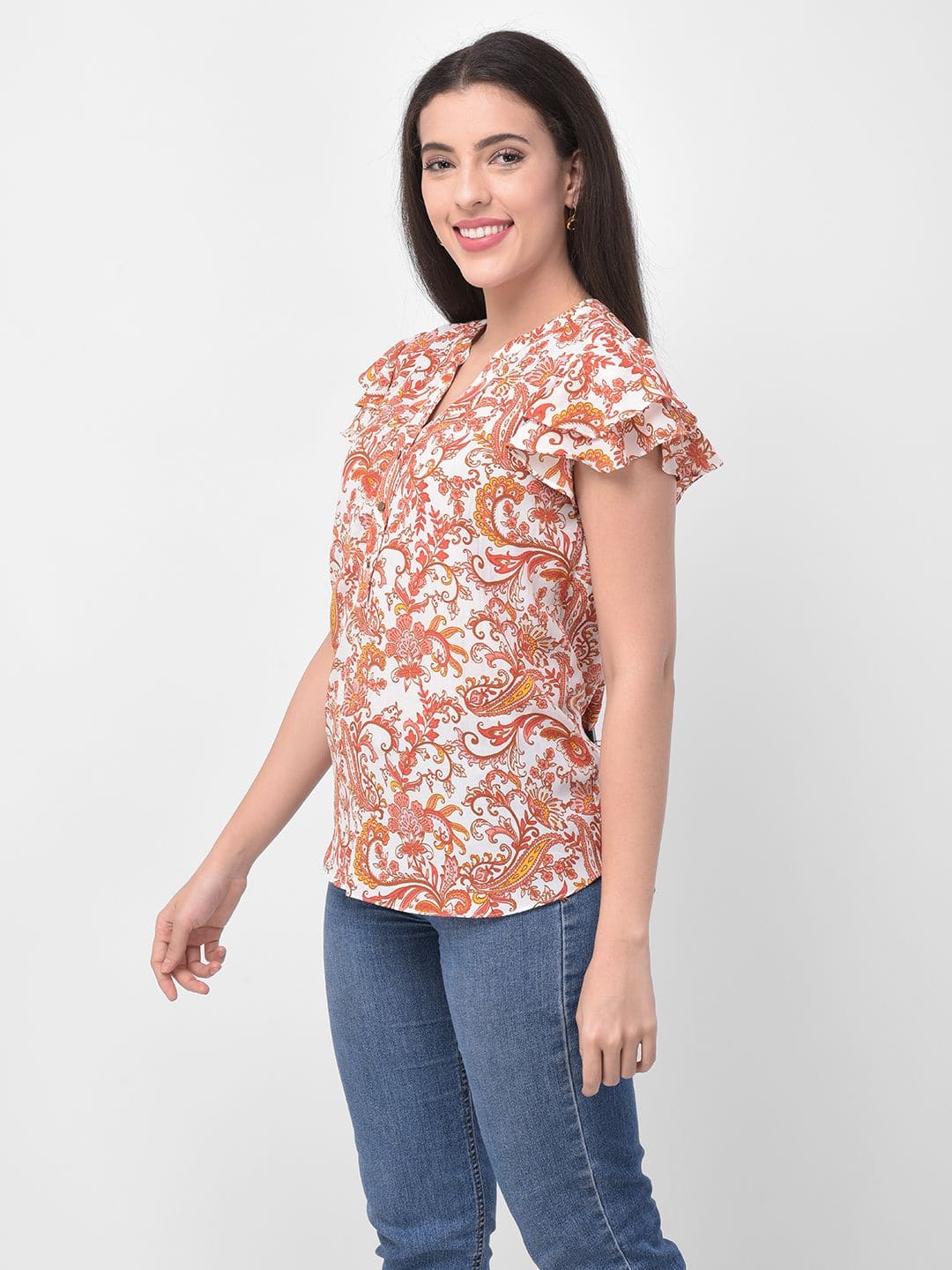 Women Ruffled Short Sleeve Detail Floral Printed Top