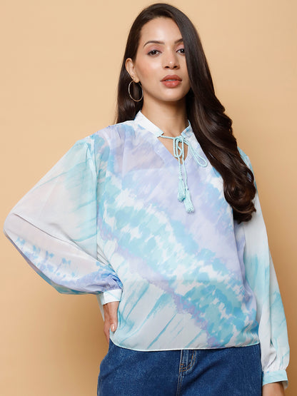 Women’s Blue & White Abstract Tie-Dye Printed Top