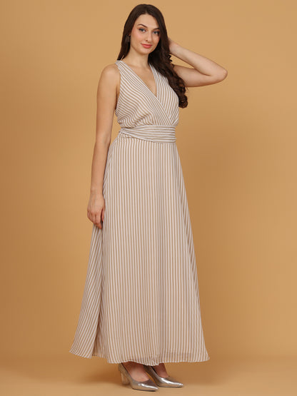 Beige & White Striped Wrap Maxi Dress