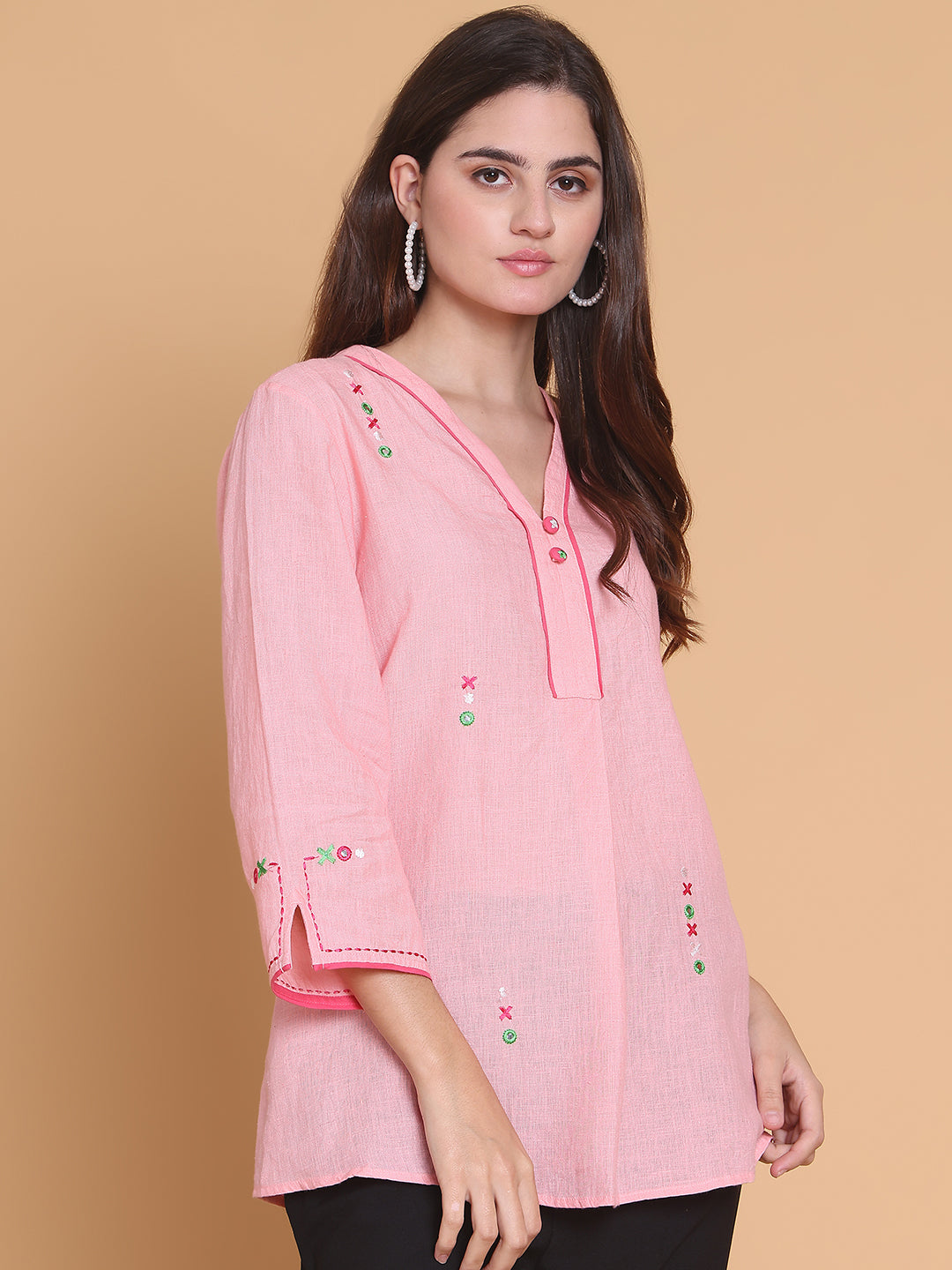 Womens Pastel Pink Cotton-Linen Tunic