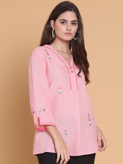 Womens Pastel Pink Cotton-Linen Tunic