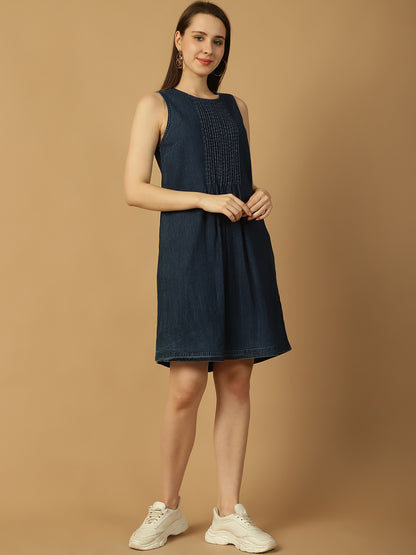 Denim Pintuck Detail Pocket Dress