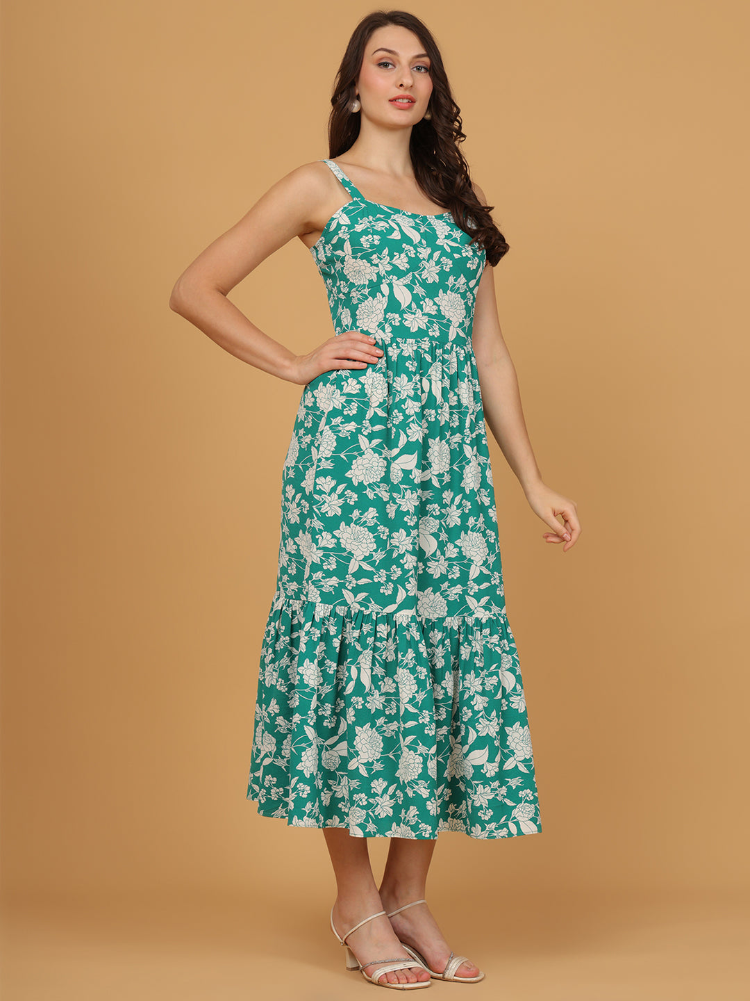 The Emerald Bloom Tiered Midi Dress