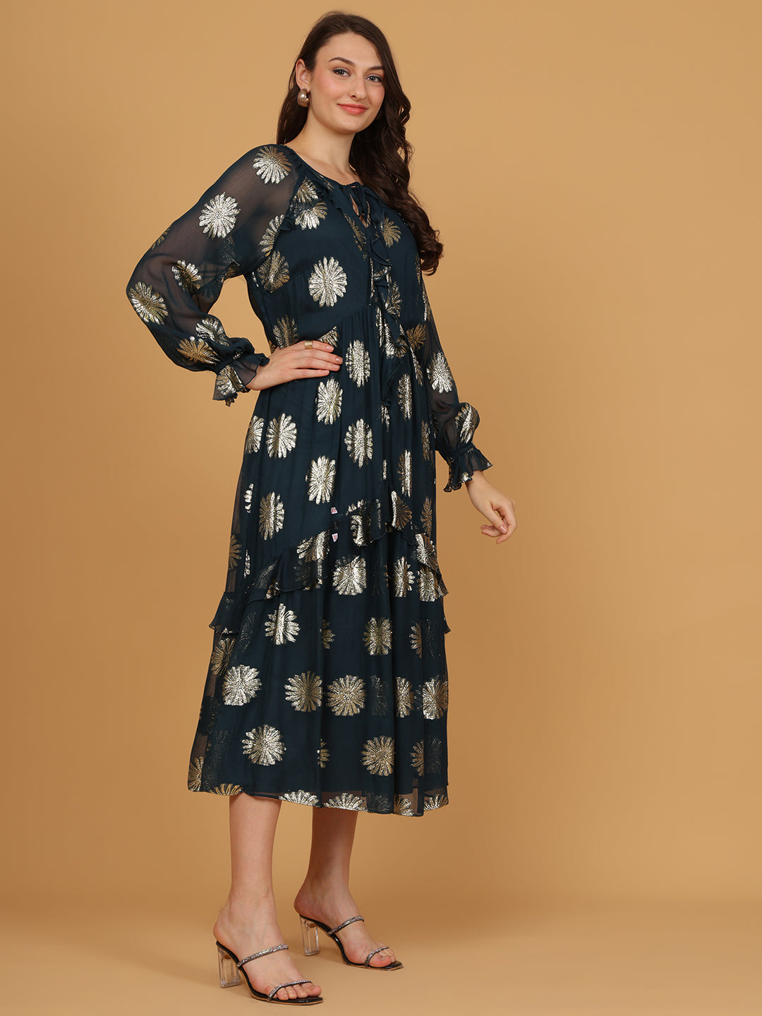 Floral Print Tie-Up Neck   Fit & Flare Midi Dress