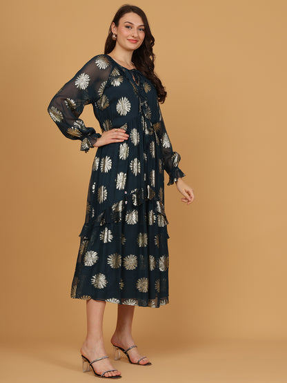 Floral Print Tie-Up Neck   Fit & Flare Midi Dress