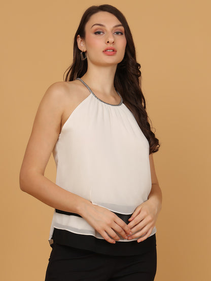 White Halter Neck Layered Chiffon Top