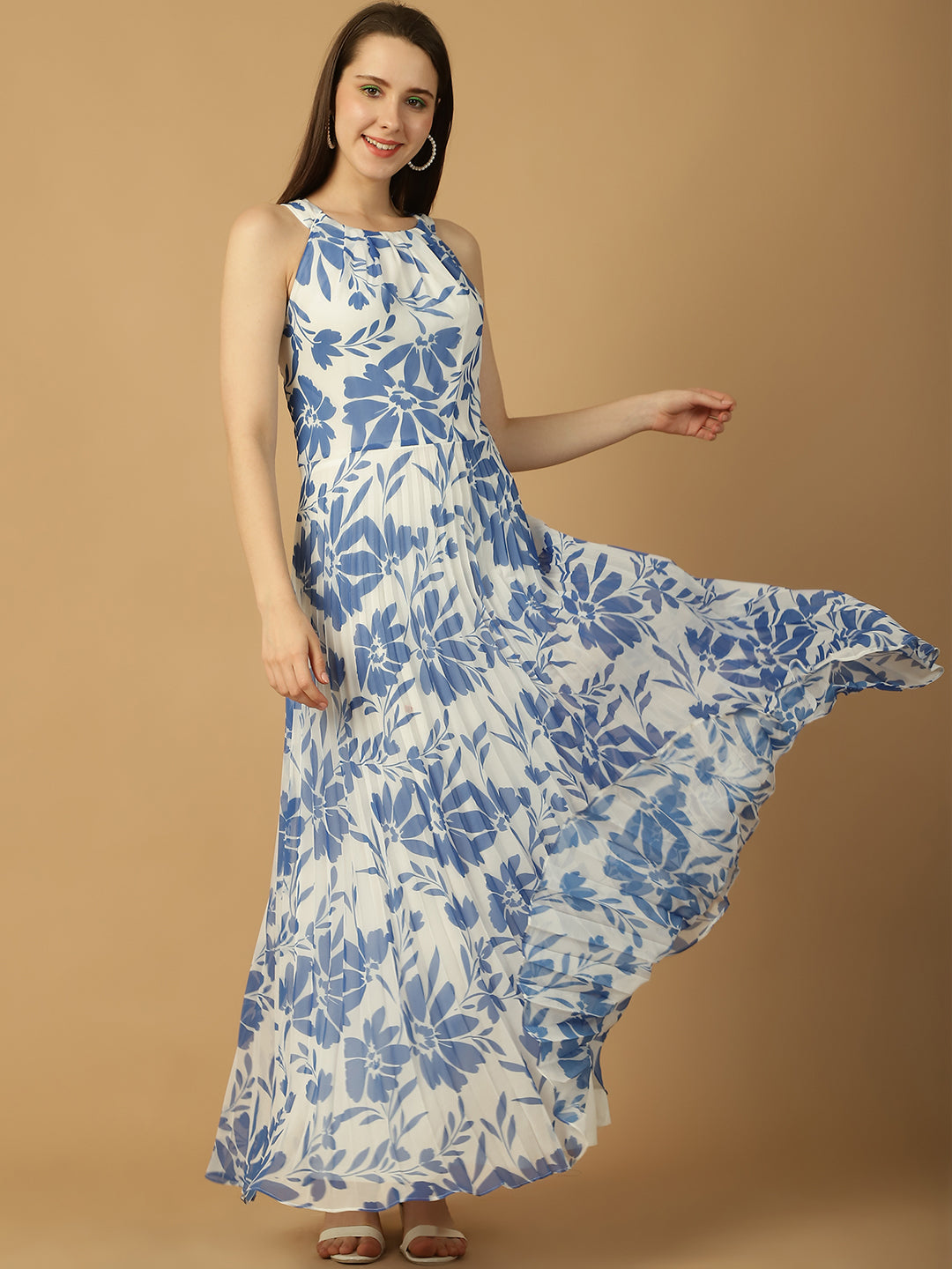 Royal Blue Floral Chiffon Halter Neck Maxi Dress