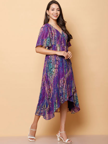 Purple Floral Wrap Midi Dress with High-Low Hem