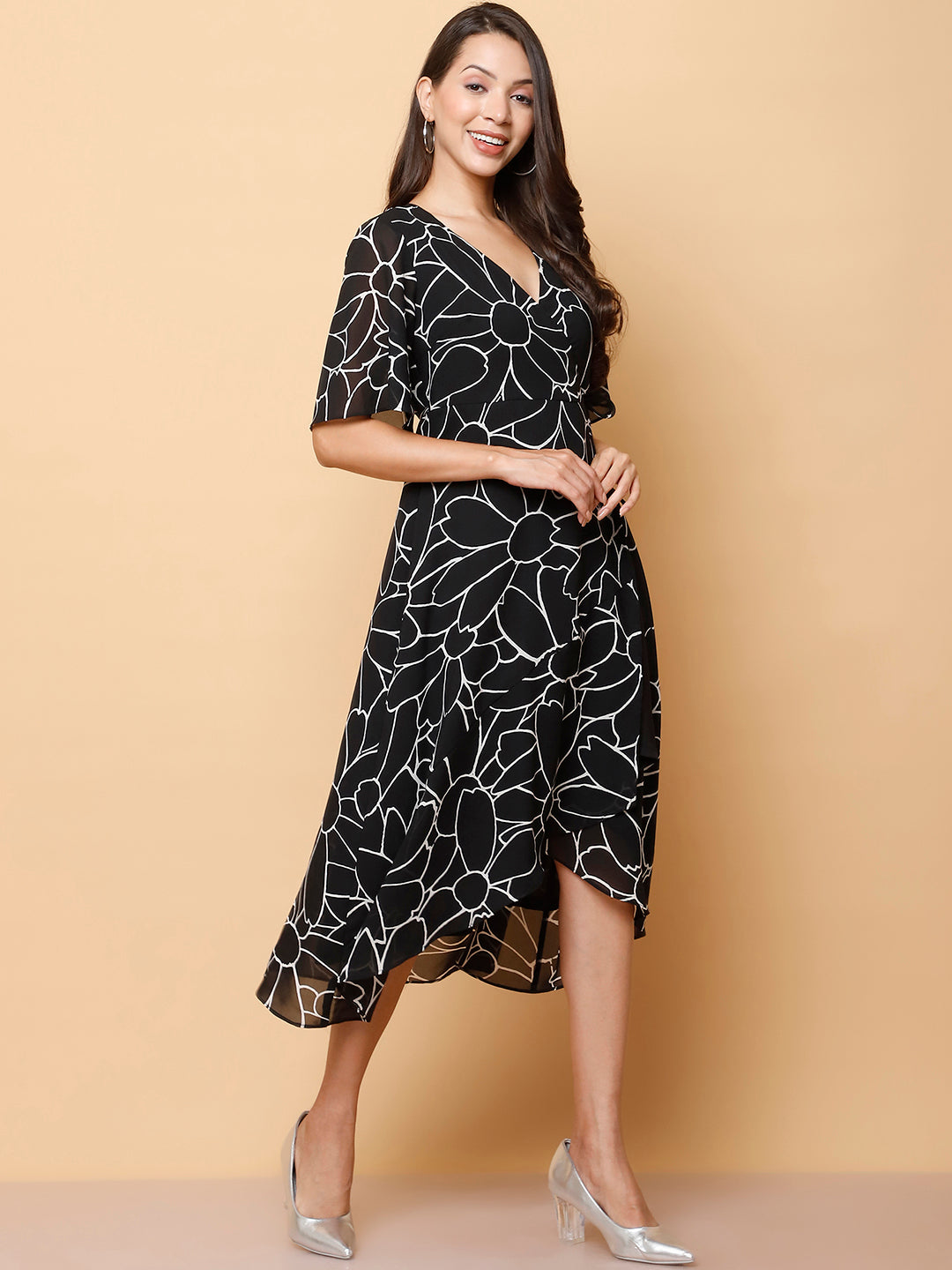 Black Floral Wrap Midi Dress with High-Low Hem