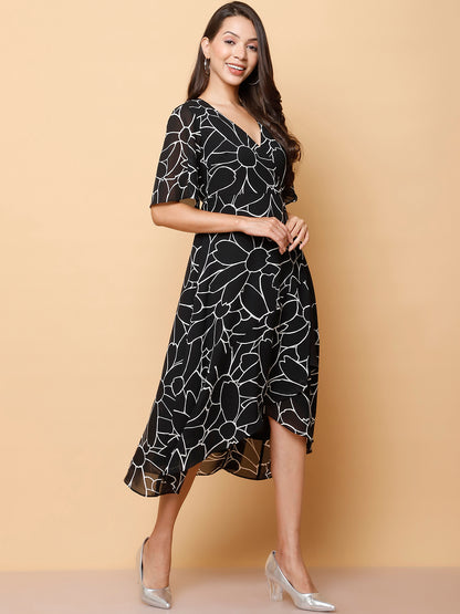 Black Floral Wrap Midi Dress with High-Low Hem