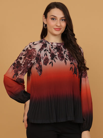 Women's Floral Ombre Pleated Top