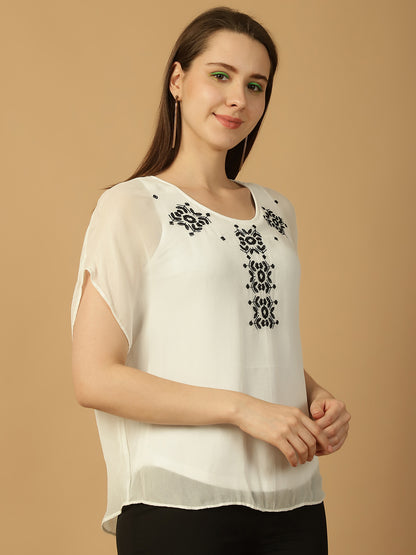 Women White Flared Sleeve Embroidered Regular Top