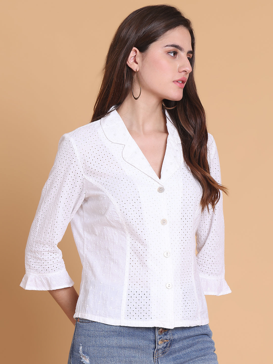 Women's White Cotton Eyelet Shirt