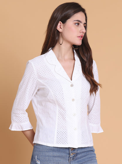 Women's White Cotton Eyelet Shirt
