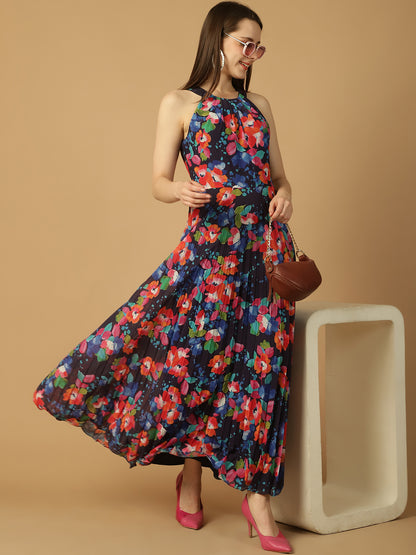 Floral Print Pleated Maxi Dress